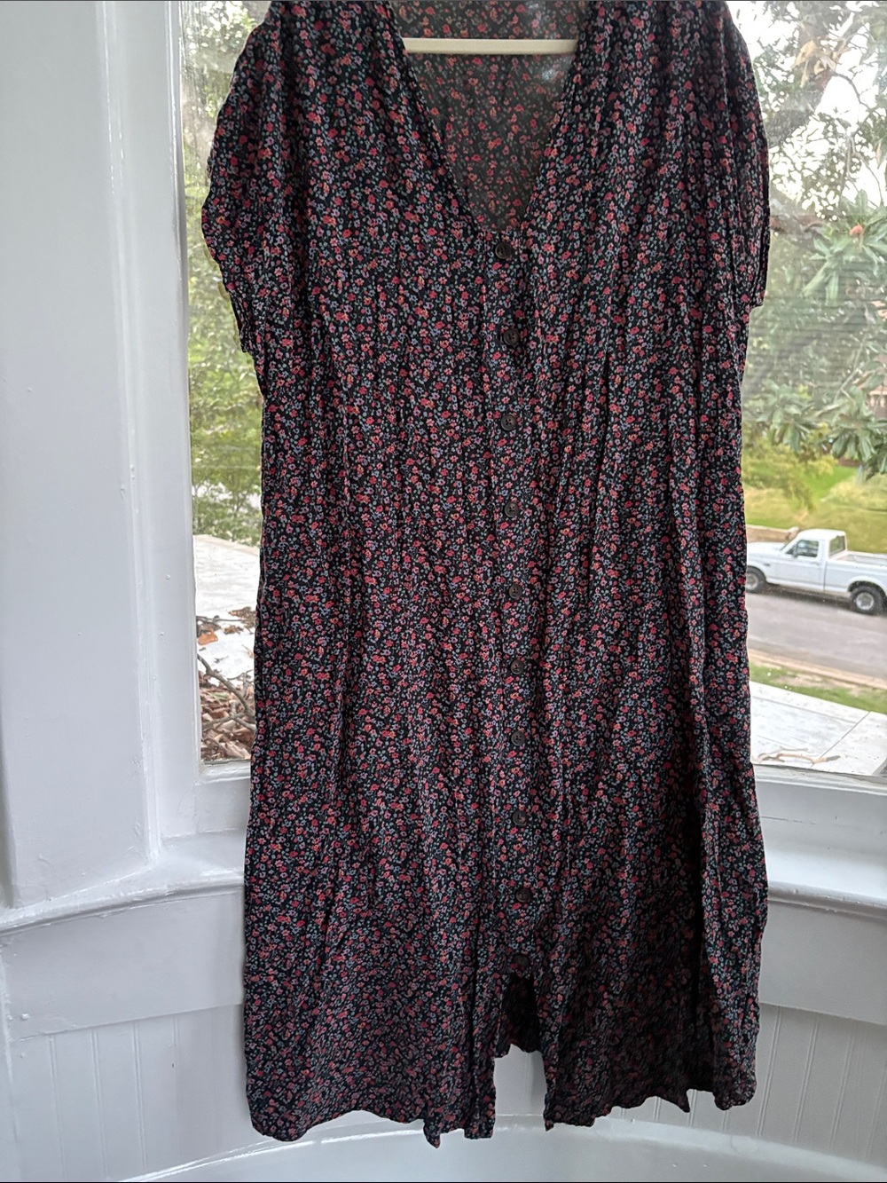 Madewell Black Midi Dress with Pink Floral Print